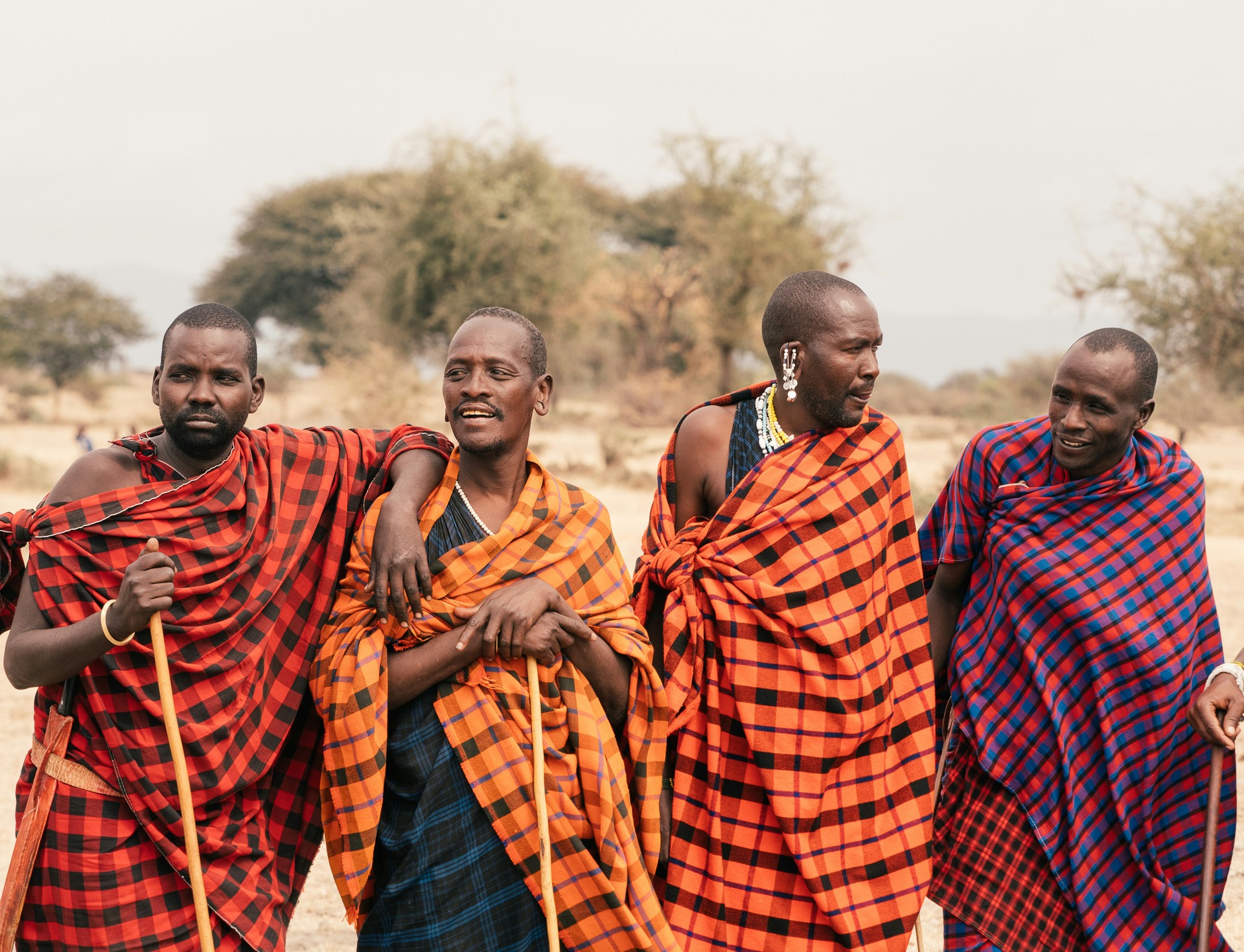 Group of Maasai men wearing colorful traditional shuka garments in rural Tanzania