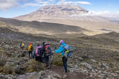 Group of hikers descending the slopes of Mount Kilimanjaro after reaching the summit