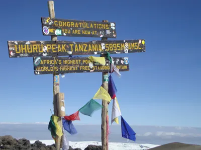 Famous Uhuru Peak summit sign marking the highest point in Africa on Mount Kilimanjaro